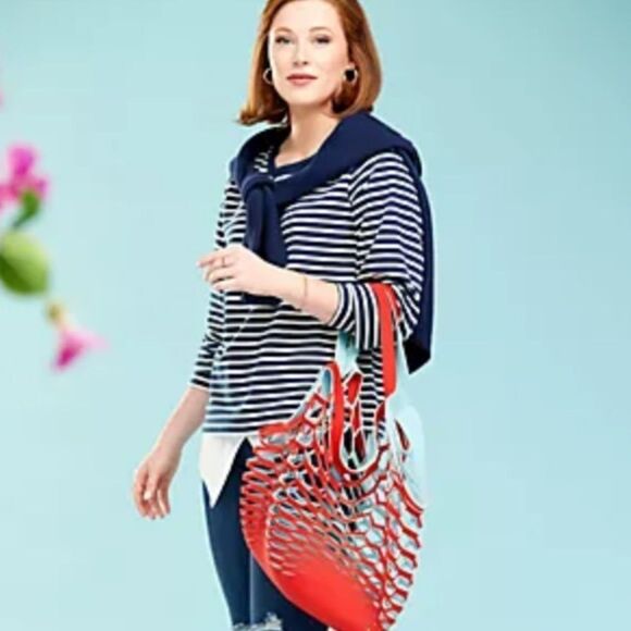 Isaac Mizrahi Live striped Ottoman Pullover Top White shirt underlay detail Sz L - Picture 5 of 9